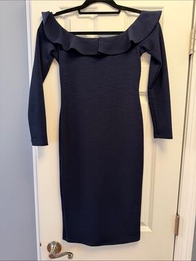 BCBGeneration Navy Off-Shoulder Ruffle Long Sleeve Bodycon Dress